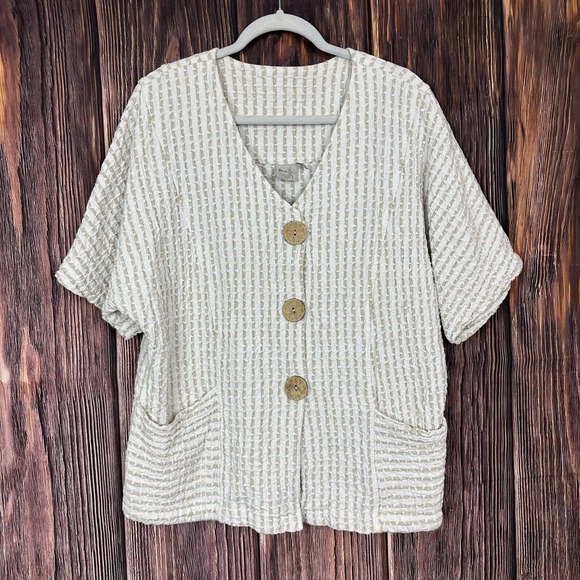 Focus Waffle Weave Button Front Top Womens Size XL Ivory Lagenlook Pockets - Picture 1 of 6